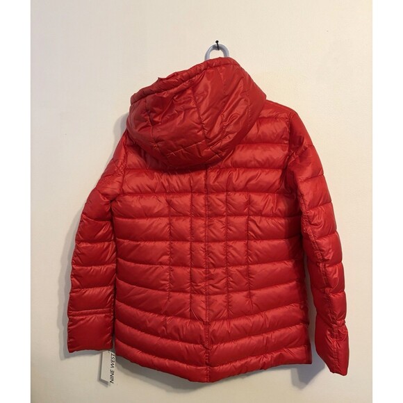 Nine West  Women L Winter Red Hooded Puffer Jacket Outerwear Gold Zippers NEW - Picture 2 of 14